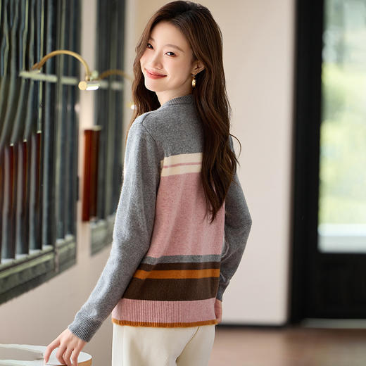 撞色条纹圆领针织开衫，短款外搭短款软糯毛衣外套CC-J954 商品图2