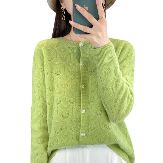 雀说 春秋季纯羊毛衫女薄款镂空针织开衫针织圆领长袖毛衣外套4ZF-073 商品图4