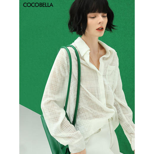 COCOBELLA植绒透视千鸟格衬衫气质通勤OL丝绒衬衣SR539 商品图0
