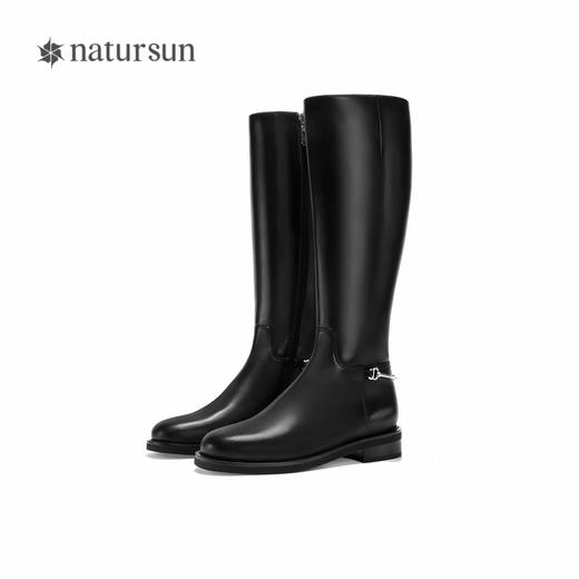 natursun英伦风骑士靴秋冬季通勤牛皮圆头复古长靴女皮靴N24591825 商品图4