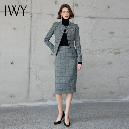 IWY/灰色格纹长袖西装套裙气质小香风时尚通勤干练两件套职业裙CS2101 商品图0