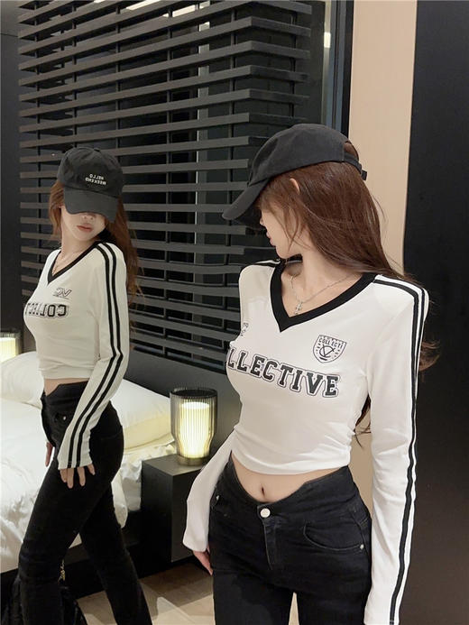 【秋日上新，美式复古长袖T恤女款，舒适纯棉材质】纯棉美式辣妹复古长袖T恤 女早秋设计感撞色V领露脐短款打底衫上衣-QQ 商品图4