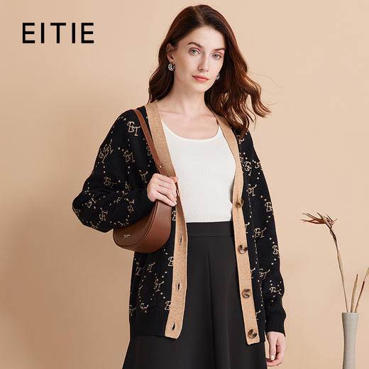 EITIE爱特爱秋季新款气质慵懒宽松显瘦印花舒适百搭针织开衫秋C2401402 商品图0