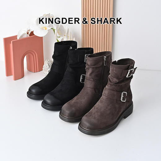 经典鲨2024年冬新款潮流百搭圆头侧拉链时尚短筒靴褶皱靴女KW89-D58181 商品图0