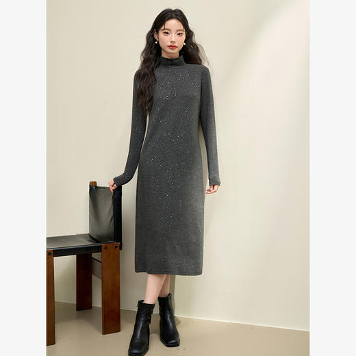 慵懒气质高级感亮片长袖连衣裙女秋季半高领针织直筒裙V4242913 商品图1