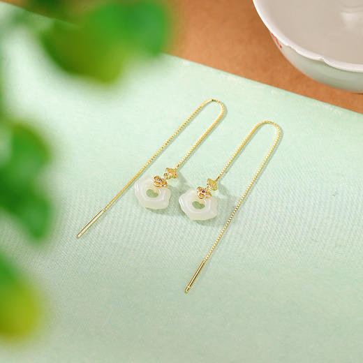 【如意归】S925银镀金和田玉复古吉祥如意镂空耳线【CW-EX00109】 商品图2