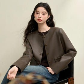 简约复古高级感哑光PU皮面外套女早春圆领短款外套V3442405