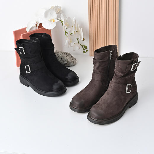 经典鲨2024年冬新款潮流百搭圆头侧拉链时尚短筒靴褶皱靴女KW89-D58181 商品图1