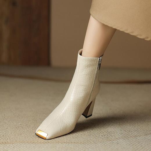【预售5天】金属头高跟欧美女短靴，时装靴粗跟全皮侧拉链拼接粗跟短靴HCYYHD&5022 商品图2