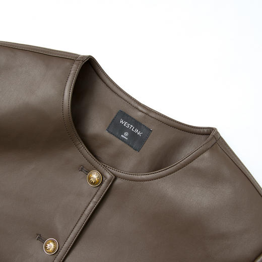 简约复古高级感哑光PU皮面外套女早春圆领短款外套V3442405 商品图5