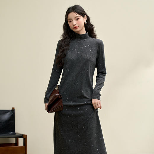 慵懒气质高级感亮片长袖连衣裙女秋季半高领针织直筒裙V4242913 商品图3