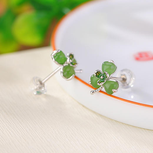 【幸运三叶草】S925银和田玉碧玉复古珐琅幸运草耳饰【CW-ED03403】 商品图2
