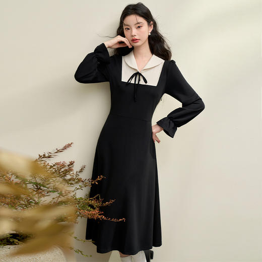 赫本风黑白撞色蝴蝶结长袖连衣裙女秋季收腰V领针织裙V4142952 商品图3