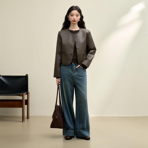 简约复古高级感哑光PU皮面外套女早春圆领短款外套V3442405 商品图1