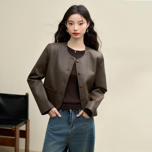简约复古高级感哑光PU皮面外套女早春圆领短款外套V3442405 商品图3