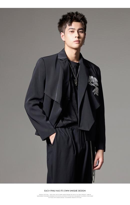 PINLI品立秋季新款刺绣短款小西装下摆交叉设计感西服男外套B243106033 商品图6