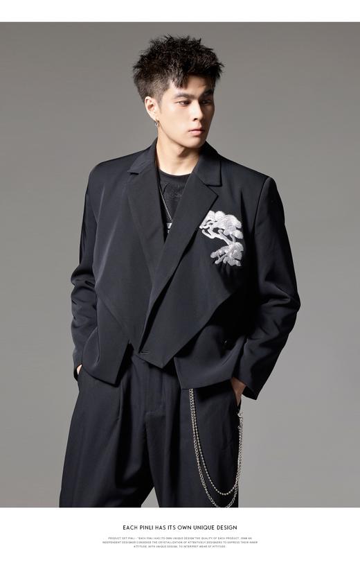PINLI品立秋季新款刺绣短款小西装下摆交叉设计感西服男外套B243106033 商品图7