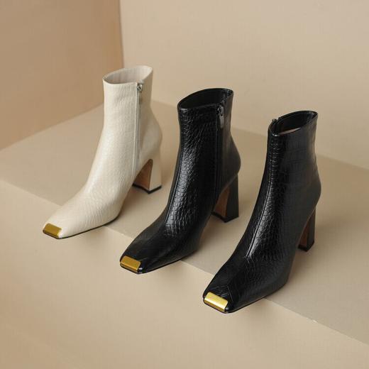 【预售5天】金属头高跟欧美女短靴，时装靴粗跟全皮侧拉链拼接粗跟短靴HCYYHD&5022 商品图4