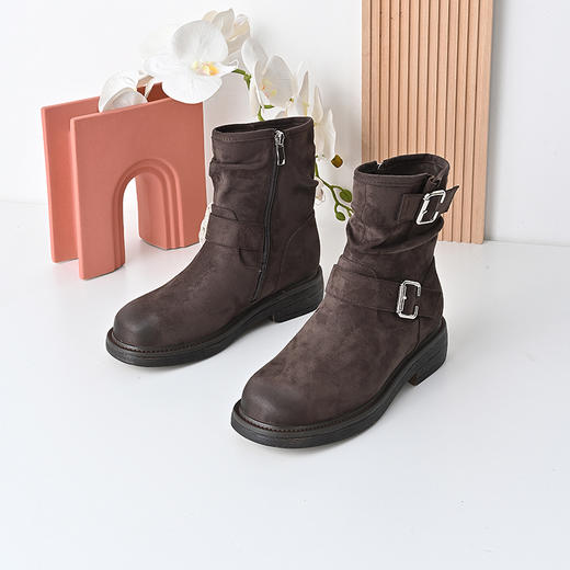 经典鲨2024年冬新款潮流百搭圆头侧拉链时尚短筒靴褶皱靴女KW89-D58181 商品图3