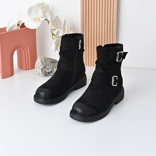 经典鲨2024年冬新款潮流百搭圆头侧拉链时尚短筒靴褶皱靴女KW89-D58181 商品图2