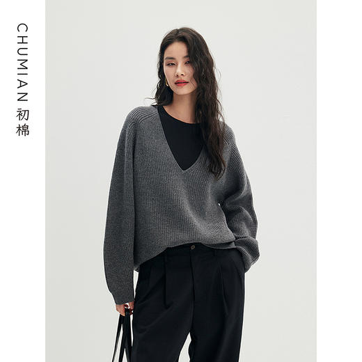 棉仓356635026-大V领叠穿针织毛衣 商品图0