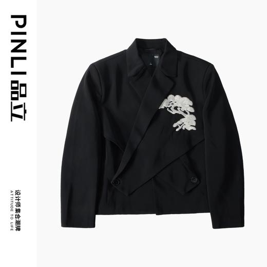 PINLI品立秋季新款刺绣短款小西装下摆交叉设计感西服男外套B243106033 商品图3