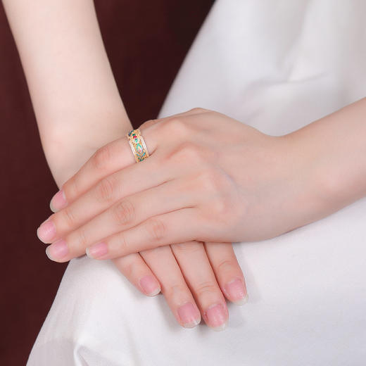 S999.9足银镀金复古国潮珐琅，吉祥如意羽毛镂空戒指国风指环CW-JZ06745 商品图3