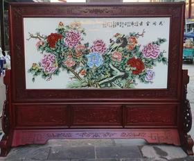 黑檀木框（背板也是黑檀木）瓷画《花开富贵》