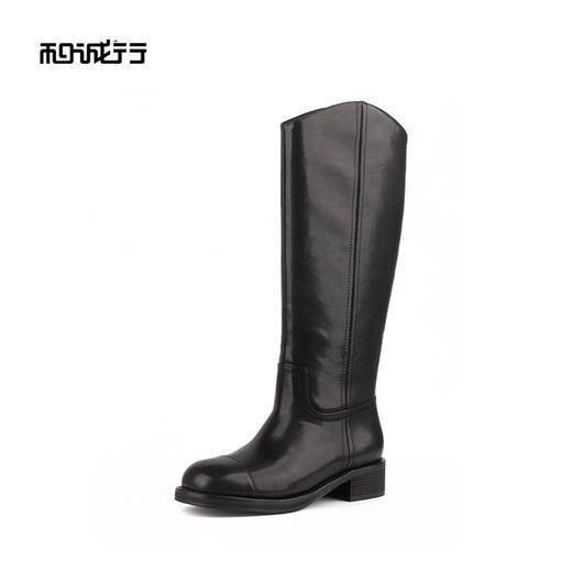 和诚行 2024秋冬新款时尚显瘦百搭长筒靴女复古真皮骑士靴0400241 商品图1
