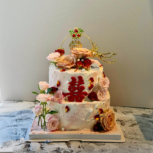 双层订婚/结婚 喜字鲜花蛋糕（百分百进口动物奶油） 商品图0