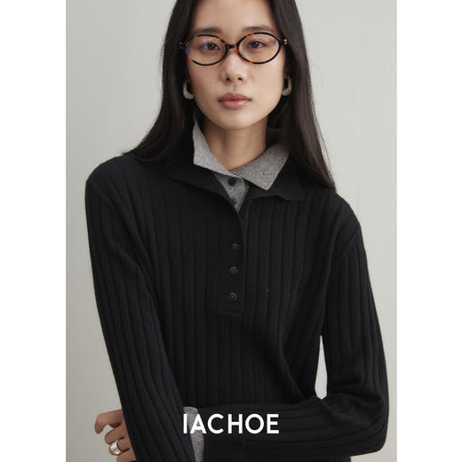 棉仓3561505007-秋季时髦粗坑条毛衣 松弛宽松叠叠乐假两件翻领羊毛衫 商品图1