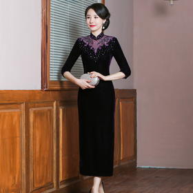 秋款丝绒旗袍复古风改良中国风长款修身婚宴装结婚HYX-72880