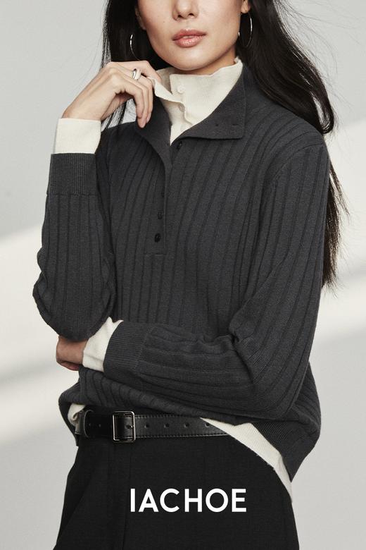 棉仓3561505007-秋季时髦粗坑条毛衣 松弛宽松叠叠乐假两件翻领羊毛衫 商品图4