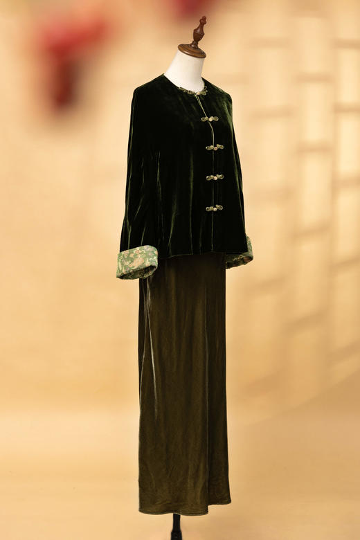 荷言HEYEN 卷帘翠 真丝丝绒对襟外套织金蜀锦拼袖高级系列 商品图3