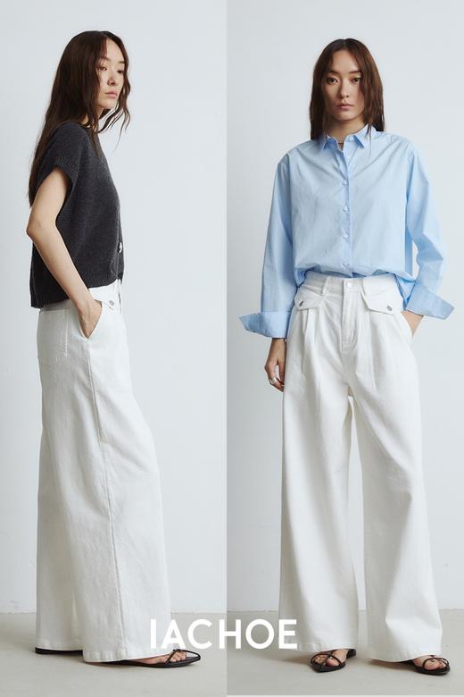 棉仓3561519001-秋季新品前身口袋白色牛仔裤  慵懒风宽松牛仔阔腿裤女 商品图4