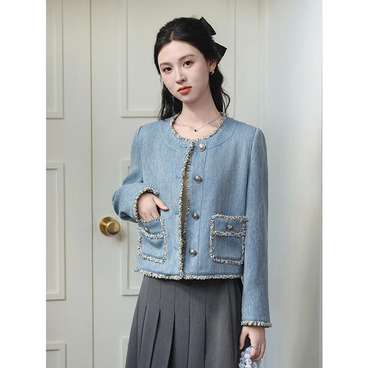 TZW-小香风花边复古短外套女2024秋冬新款高级感雾霾蓝圆领长袖上衣 商品图0