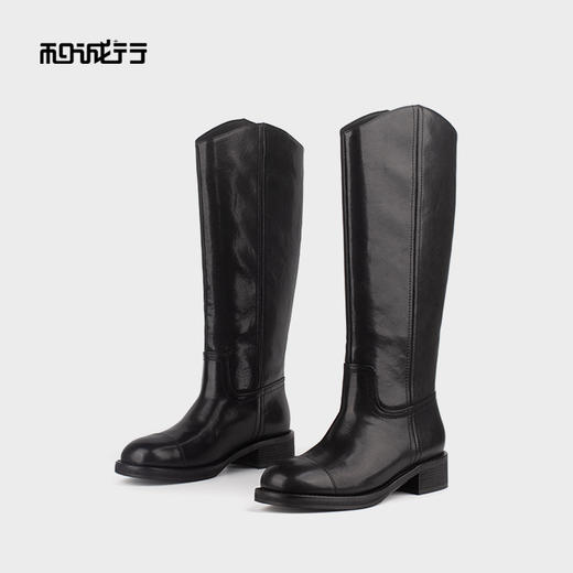 和诚行 2024秋冬新款时尚显瘦百搭长筒靴女复古真皮骑士靴0400241 商品图3