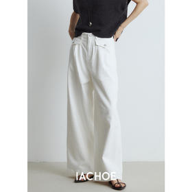 棉仓3561519001-秋季新品前身口袋白色牛仔裤  慵懒风宽松牛仔阔腿裤女