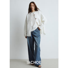 棉仓3561507003-秋季新品肌理感提花圆领开衫 宽松松弛感慵懒风落肩短外套