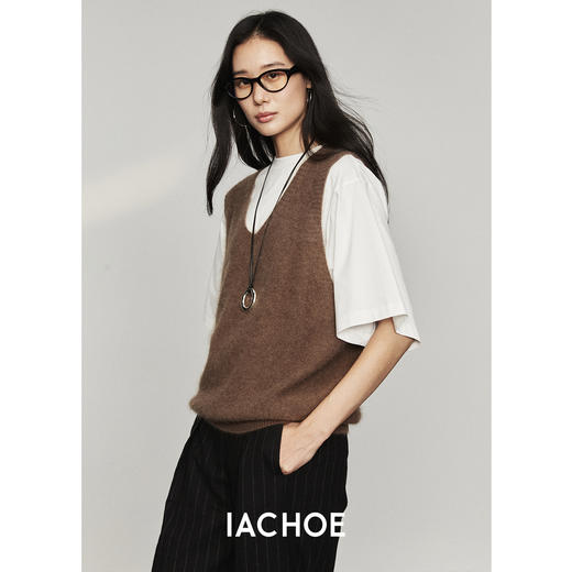 棉仓3561503005-秋装好搭配绵羊毛V领背心羊毛衫  卡布奇诺针织马甲背心 商品图0