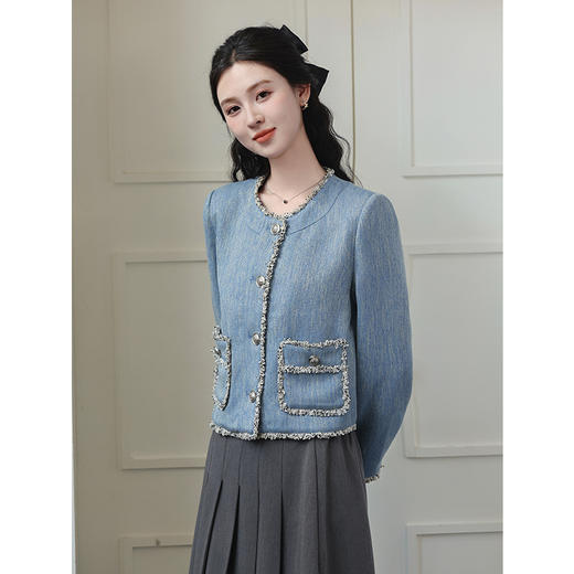 TZW-小香风花边复古短外套女2024秋冬新款高级感雾霾蓝圆领长袖上衣 商品图2
