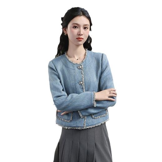 TZW-小香风花边复古短外套女2024秋冬新款高级感雾霾蓝圆领长袖上衣 商品图4