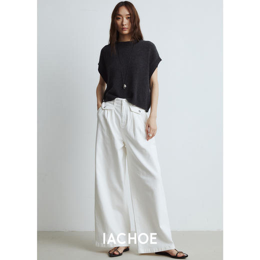 棉仓3561519001-秋季新品前身口袋白色牛仔裤  慵懒风宽松牛仔阔腿裤女 商品图3