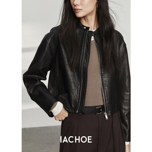 棉仓3561527002-秋季静奢风真皮小立领外套    圆领头层小羊皮皮衣短外套 商品图0