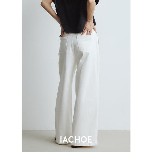 棉仓3561519001-秋季新品前身口袋白色牛仔裤  慵懒风宽松牛仔阔腿裤女 商品图1