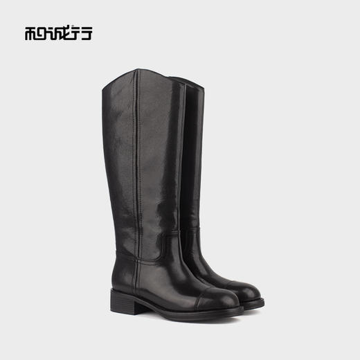 和诚行 2024秋冬新款时尚显瘦百搭长筒靴女复古真皮骑士靴0400241 商品图0