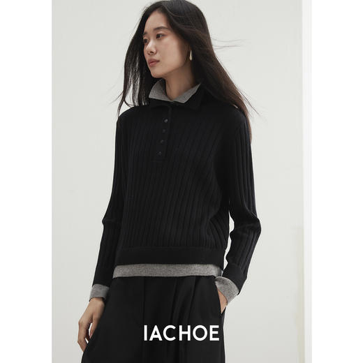 棉仓3561505007-秋季时髦粗坑条毛衣 松弛宽松叠叠乐假两件翻领羊毛衫 商品图2