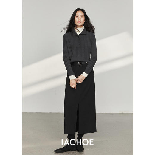 棉仓3561505007-秋季时髦粗坑条毛衣 松弛宽松叠叠乐假两件翻领羊毛衫 商品图3