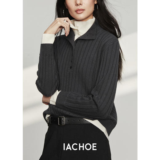 棉仓3561505007-秋季时髦粗坑条毛衣 松弛宽松叠叠乐假两件翻领羊毛衫 商品图0