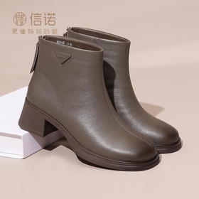 信诺真皮女鞋秋冬季新款加绒短靴中老年棉鞋粗跟皮鞋短筒靴子女款M321-2D
